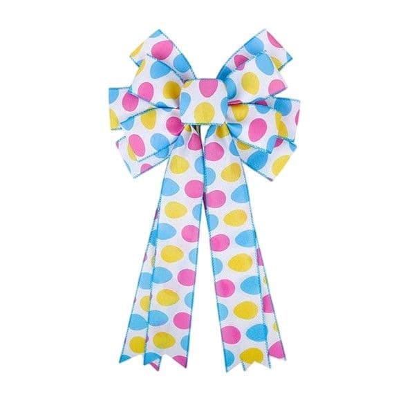 Yellow and White Easter Egg Double Bow 8 Loops