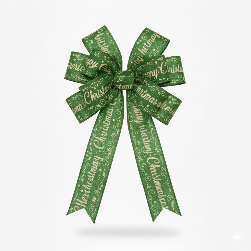 10 Loop Printed Ribbon Bow Green Script