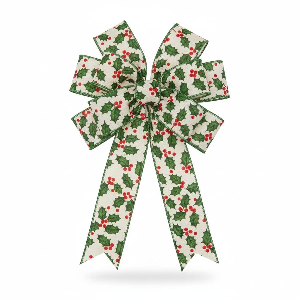10 Loop Printed Ribbon Bow Holly Print