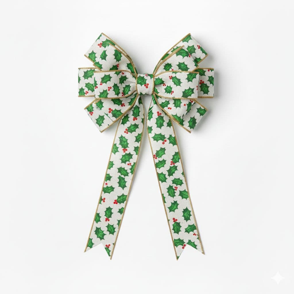 12 Loop Printed Ribbon Bow Holly Print