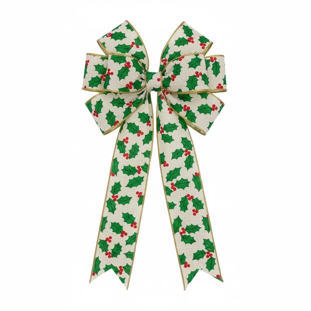8 Loop Printed Ribbon Bow Holly Print